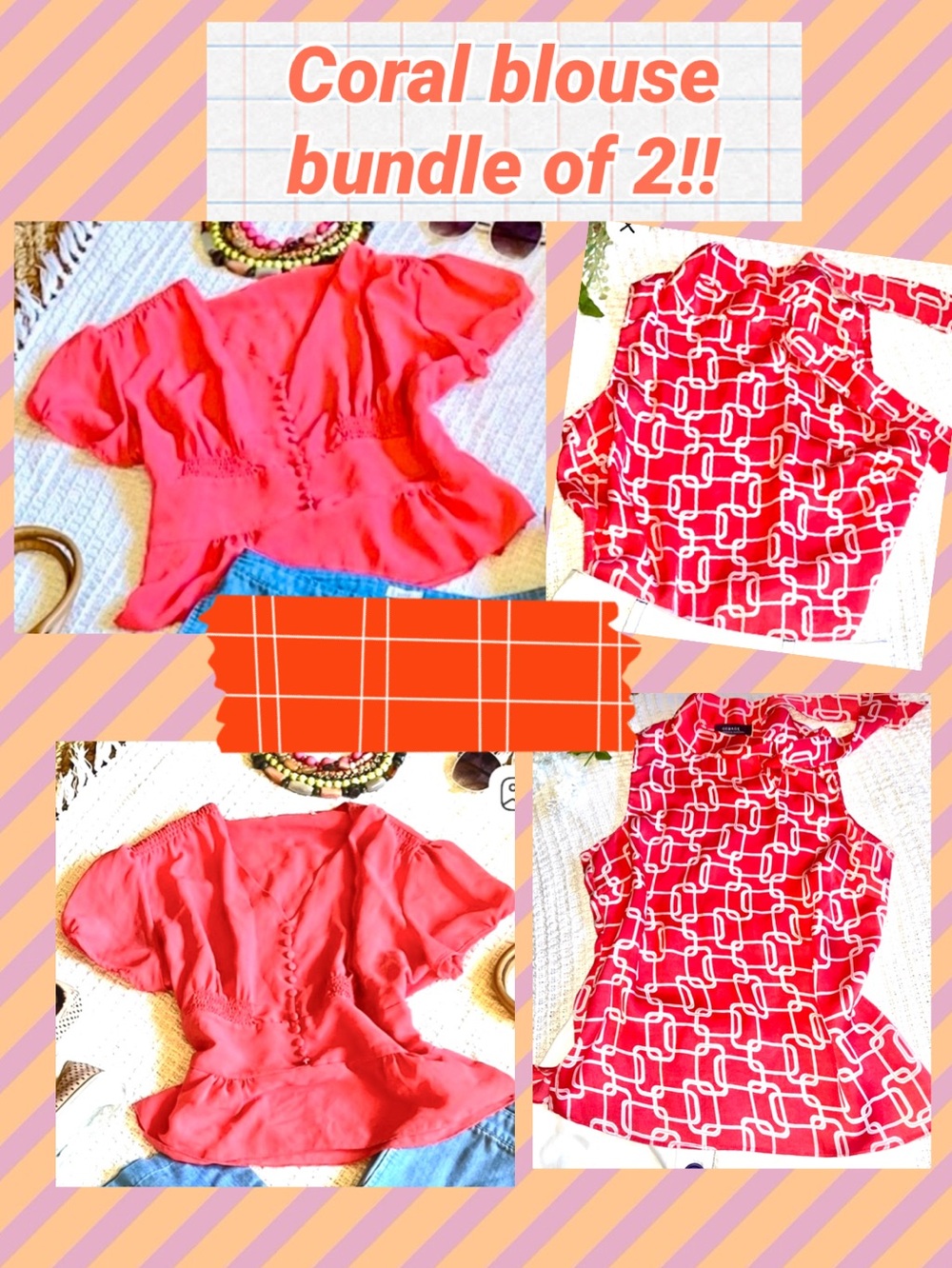 2pc coral blouse tops bundle 1coral peplum style blouse &1 George geometric top